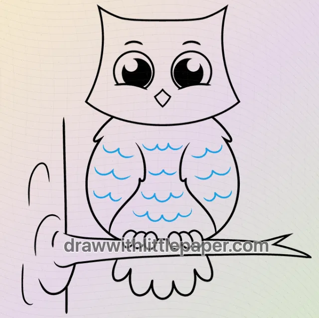 Complete cartoon owl outline showing perching feet and chest feathers