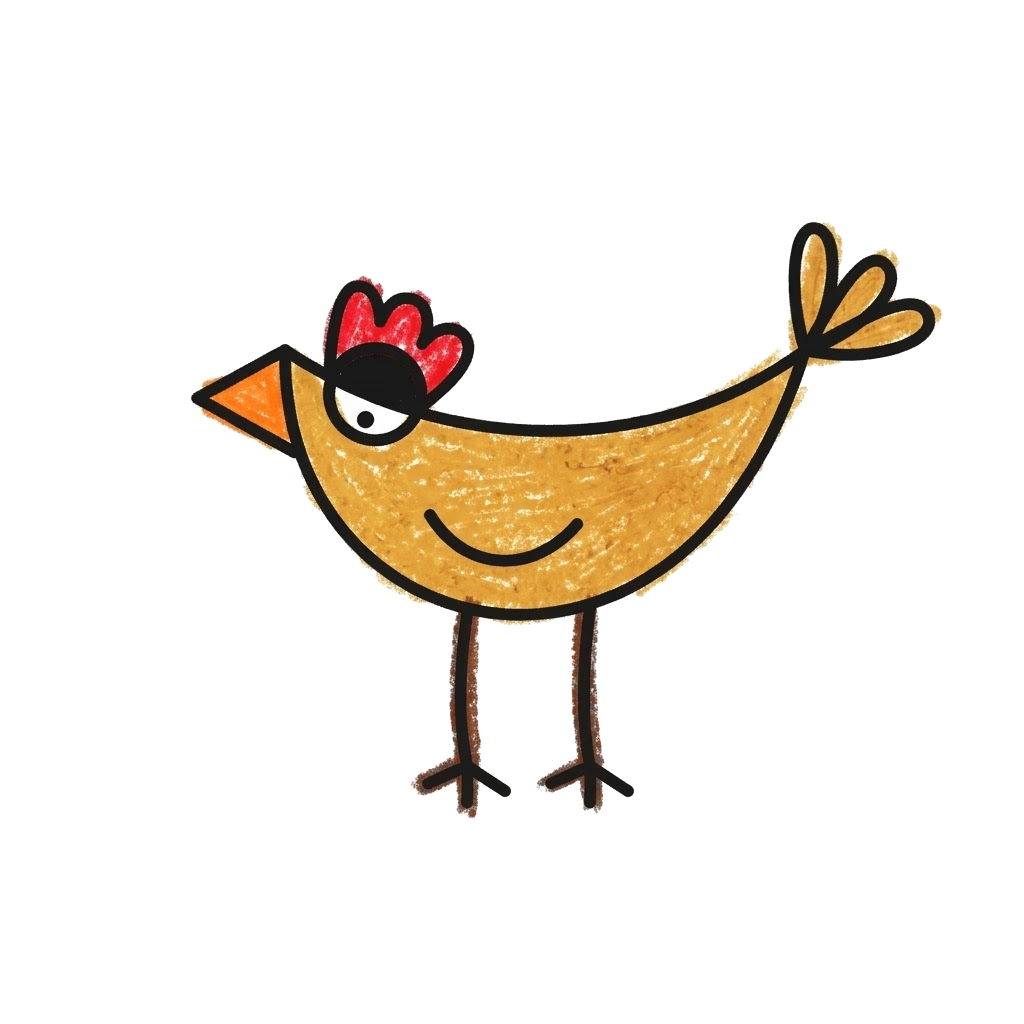 Golden yellow crayon chicken with a red comb, orange beak, small wing curve and thin dark legs with toes
