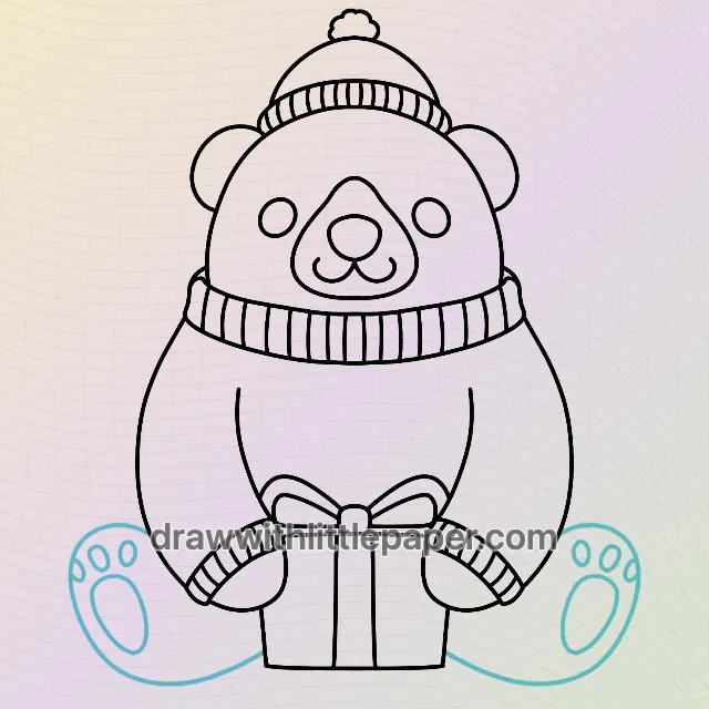 Contour complet de l'ours polaire de Noël montrant une écharpe et un cadeau tenu