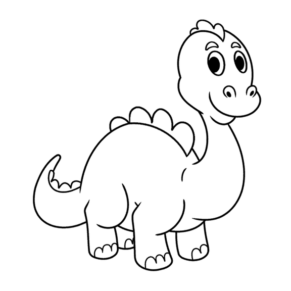 um dinossauro de pescoço comprido · A silhueta completa：Quatro pernas grossas, dedos, cauda curva, placas nas costas e um sorriso completam a figura.