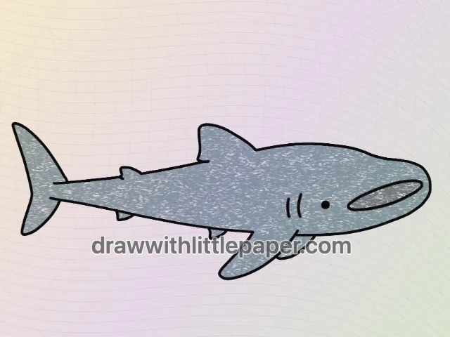 Blue-gray crayon whale shark with dark eye and mouth and a split tail