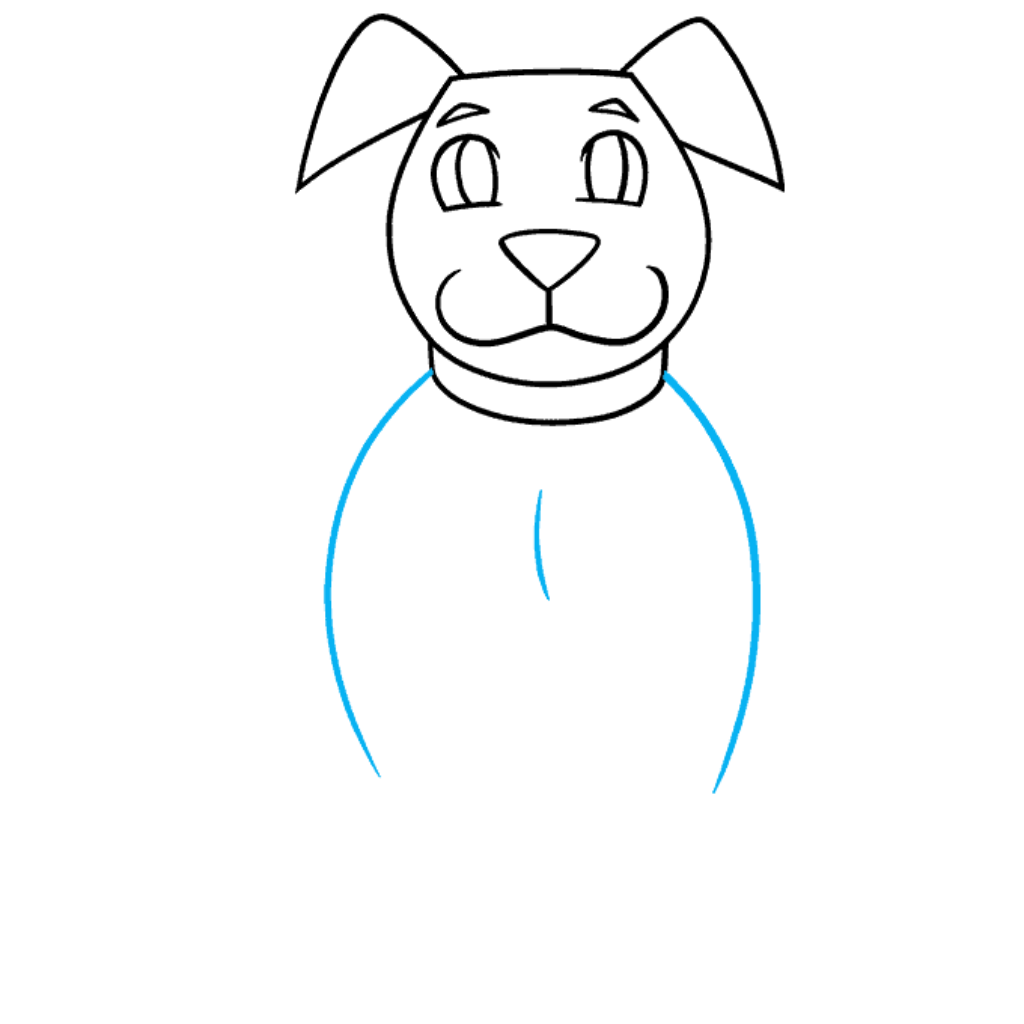 un perro sentado · Cara, orejas y collar：Las líneas negras forman ojos, hocico, nariz, orejas y collar. La guía azul empieza el cuerpo.
