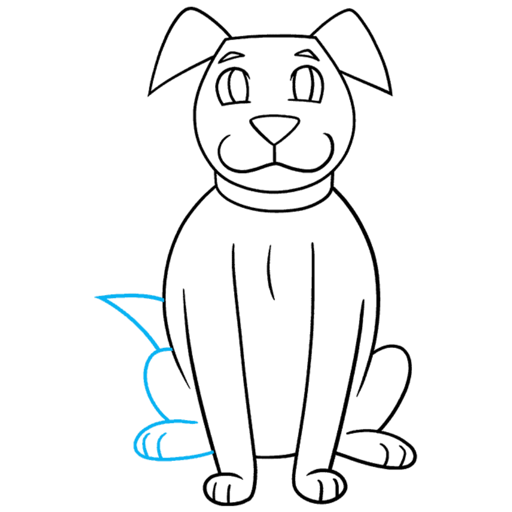 Sitting puppy line drawing with a collar, long front legs, rounded paws and blue guide details for the tail and rear paw