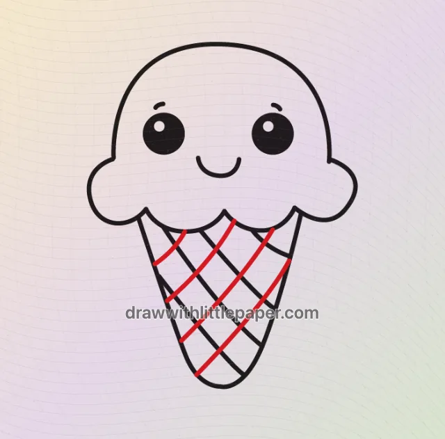 Contour complet d'un cornet de crème glacée montrant une boule souriante et un cornet hachuré
