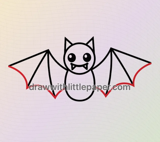 Contour complet d'une chauve-souris de dessin animé montrant un corps rond et des ailes divisées