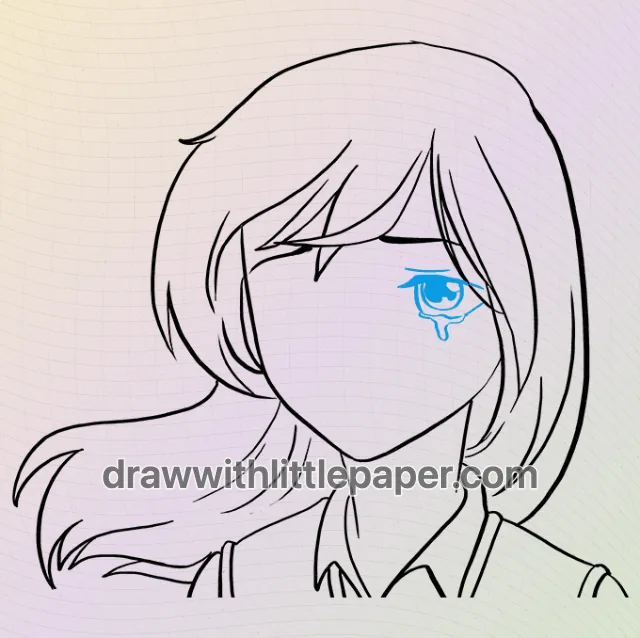 Sad anime face, selected drawing stage 6 of 9, with source guide lines