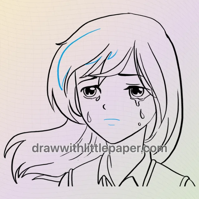Complete sad anime face outline showing sloping brows and swept hair