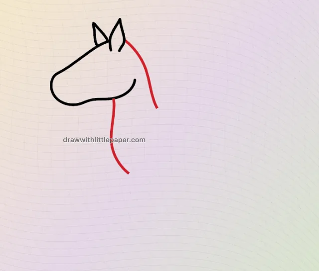 Cavalo de desenho animado, estágio de desenho selecionado 3 de 9, com linhas de guia de origem