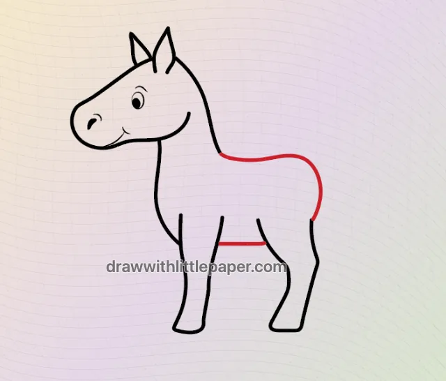 Cavalo de desenho animado, estágio de desenho selecionado 6 de 9, com linhas de guia de origem