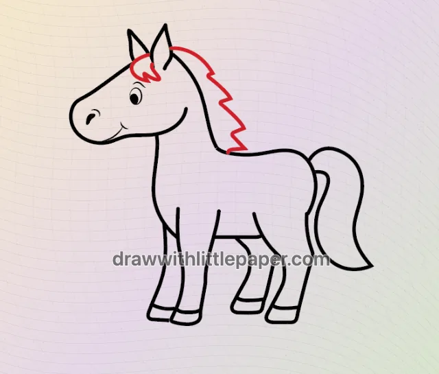 Contorno completo de cavalo de desenho animado mostrando pernas em pé e uma crina curta