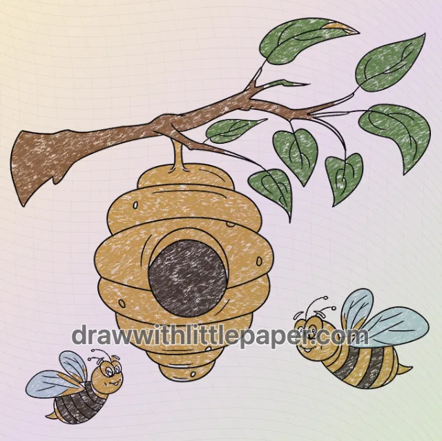 Colored beehive with warm orange, brown, green, blue-gray crayon texture