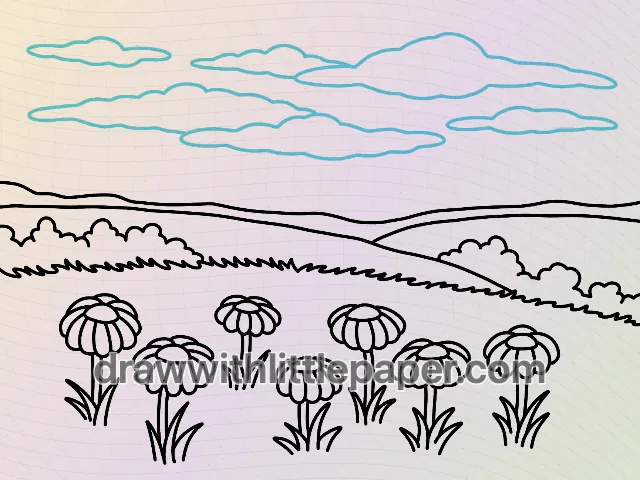 Complete meadow landscape outline showing foreground flowers and distant hills