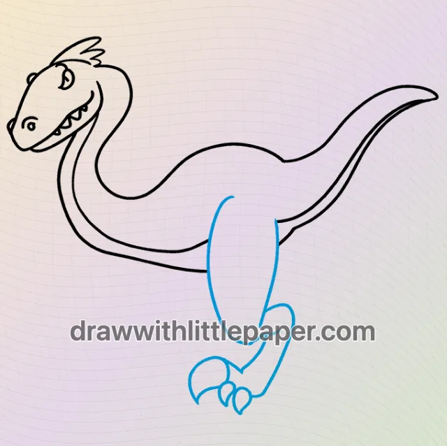 Cartoon velociraptor, selected drawing stage 6 of 9, with source guide lines