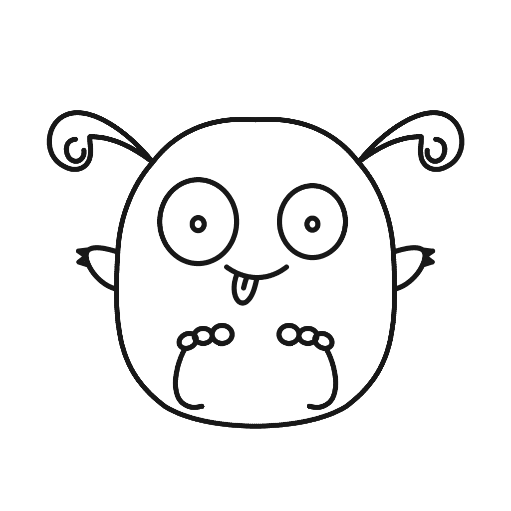 un monstruo redondo · Una cara divertida：Aparecen cuernos, orejas, ojos y boca con lengua. Los pies aún tienen contornos abiertos.