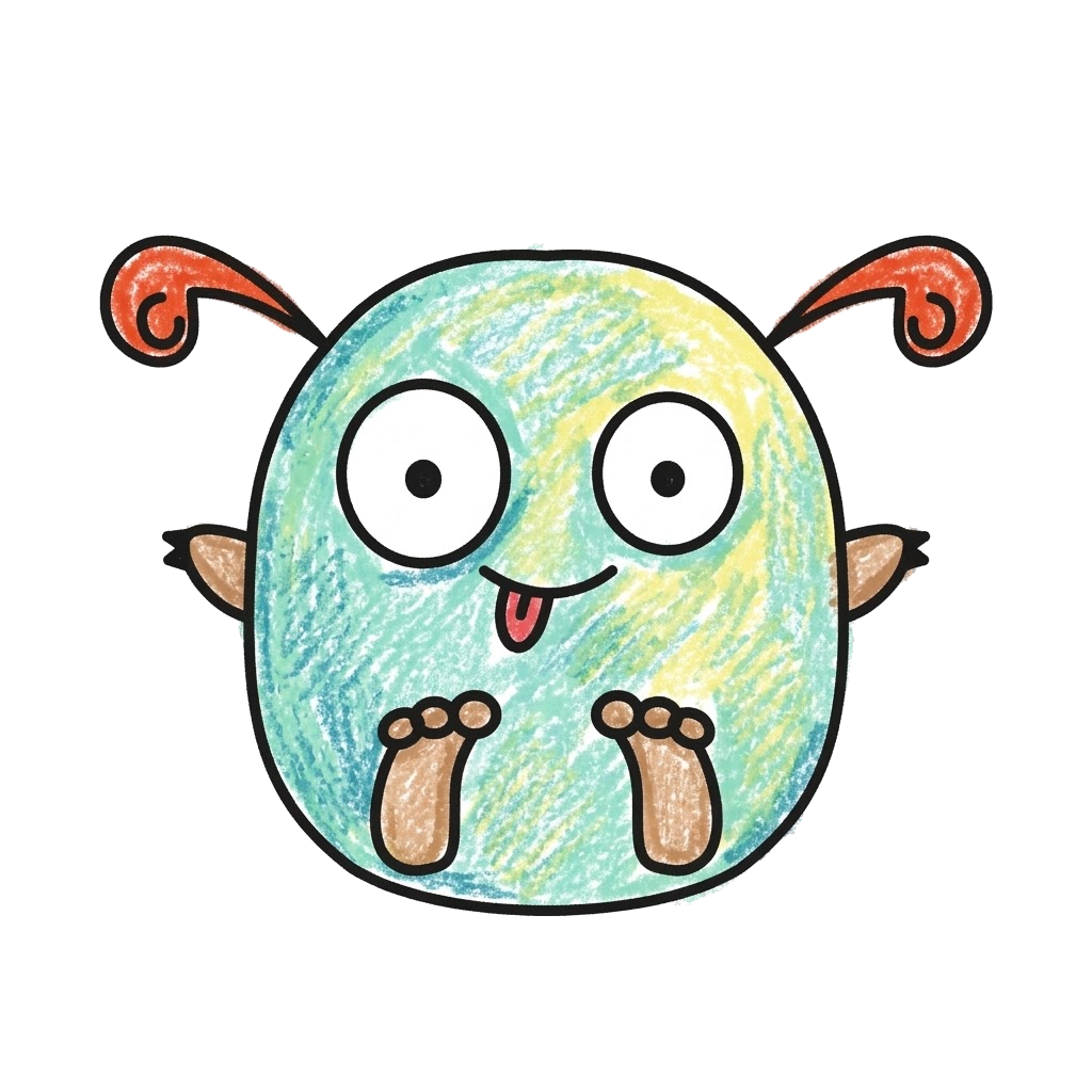 Friendly round monster colored with turquoise and yellow crayon, orange curled horns, tan feet and a pink tongue