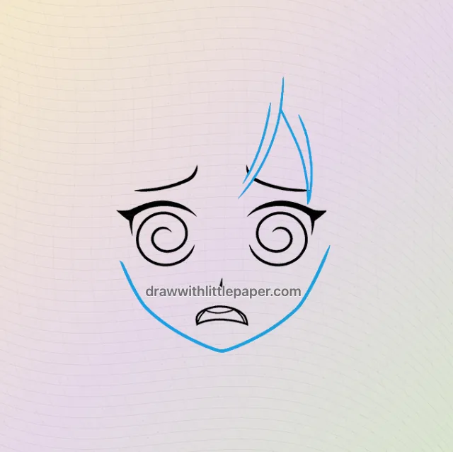 Cara de anime confusa, etapa de dibujo seleccionada 3 de 9, con líneas guía de origen