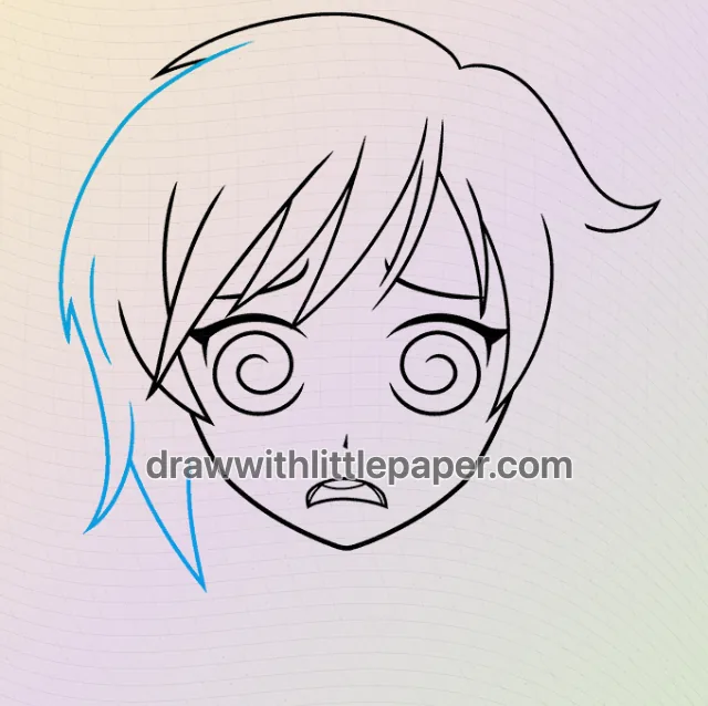 Cara de anime confusa, etapa de dibujo seleccionada 6 de 9, con líneas guía de origen