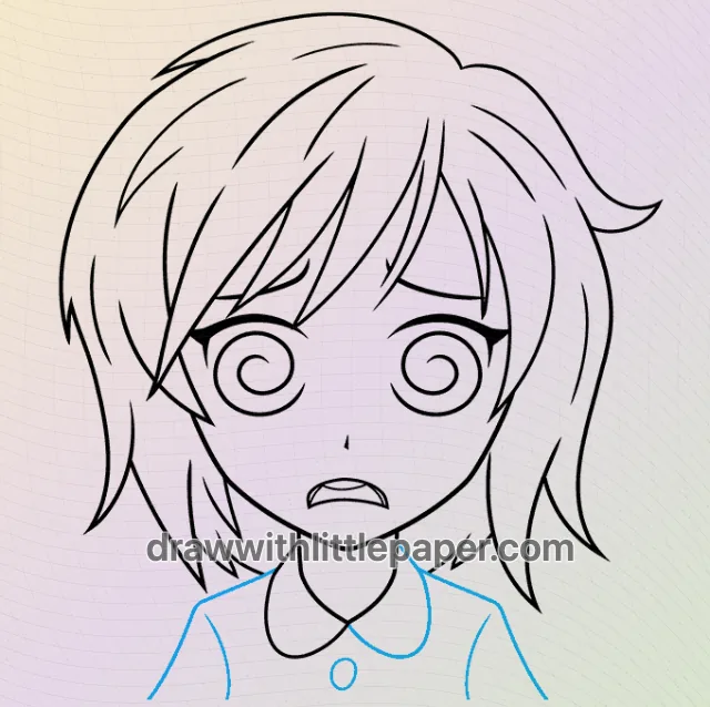 Contorno completo de cara de anime confuso que muestra ojos en espiral y boca abierta.