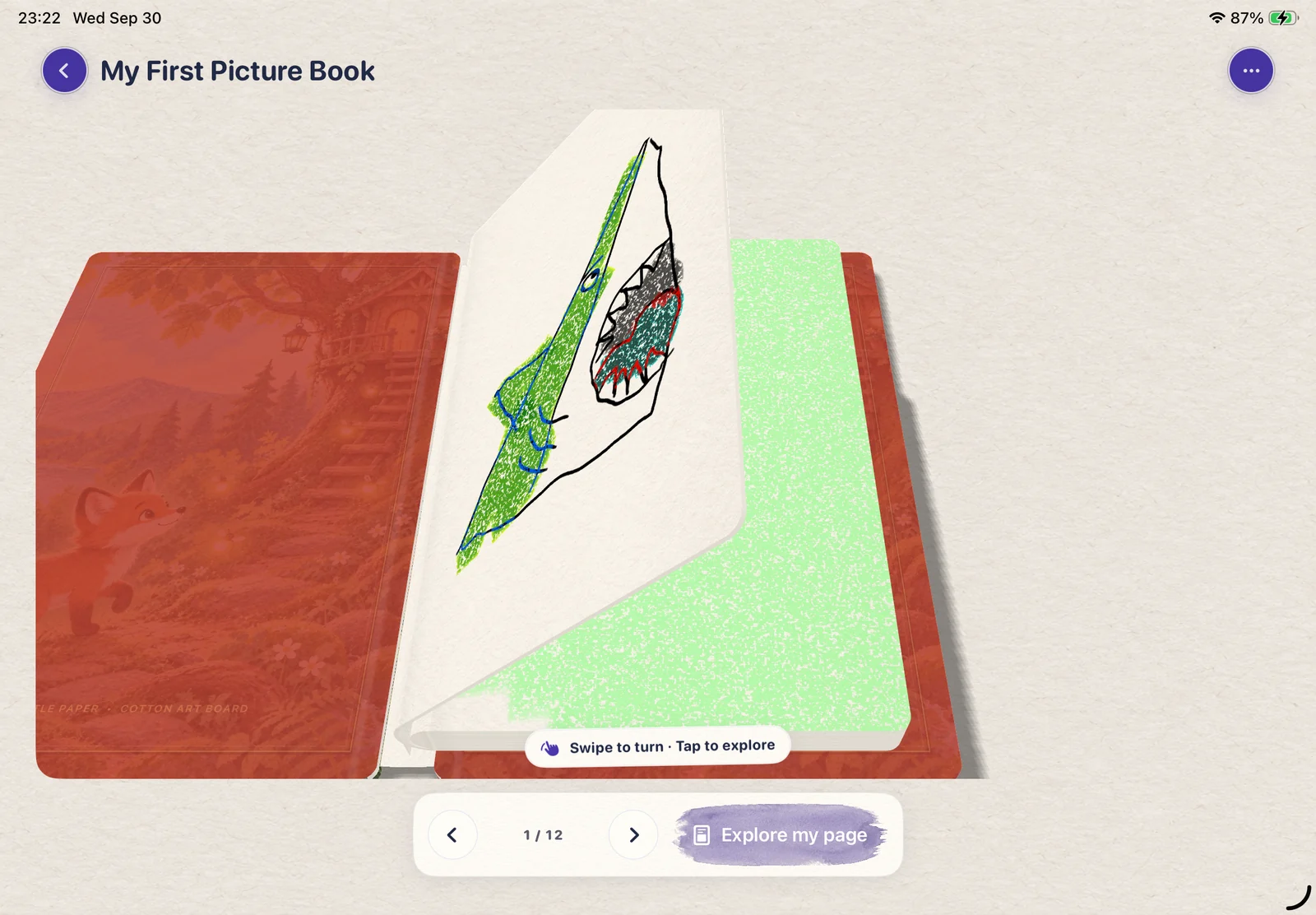 A LittlePaper 3D picture book with a page turning and a child’s shark drawing