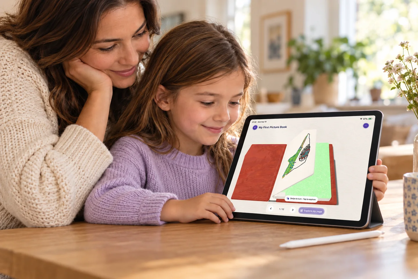 A parent and child sharing a digital picture book on iPad