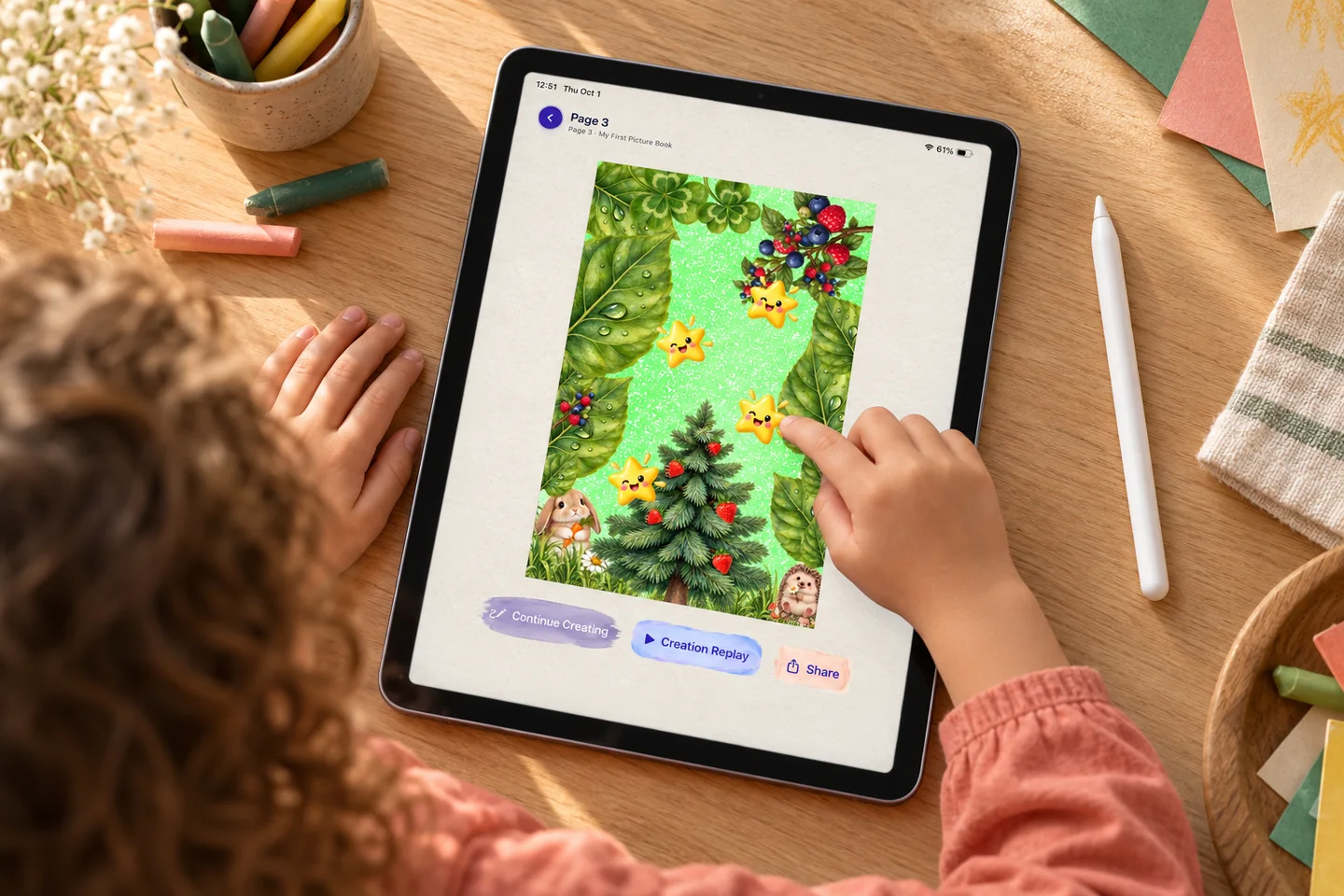 A child playing with a leafy sticker collage on an iPad at a craft table