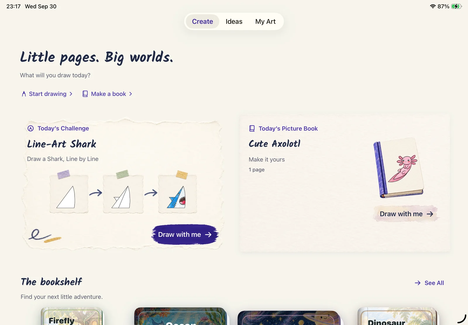 The LittlePaper Create screen with drawing and picture book choices