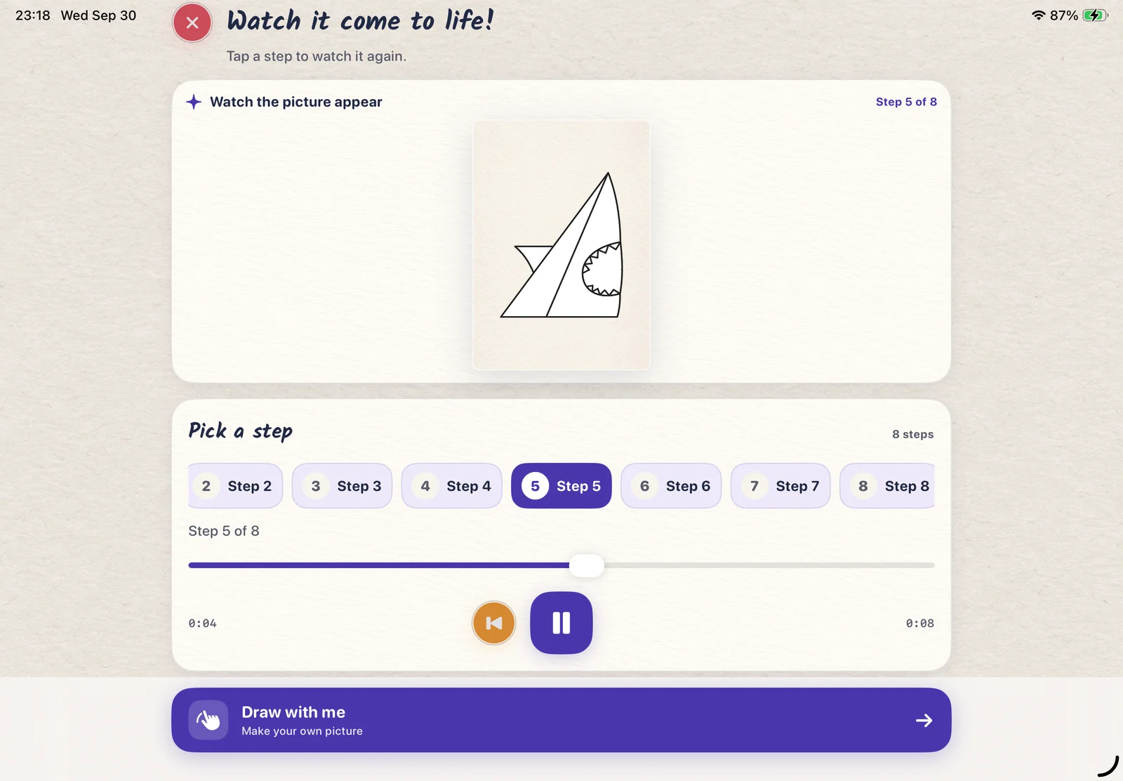 LittlePaper drawing replay with a shark, step controls and a pause button